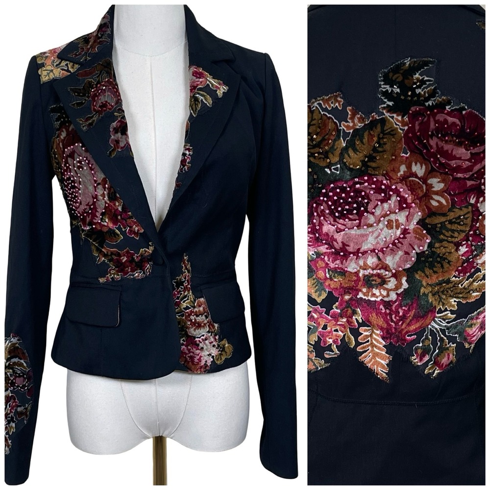 True Meaning Floral Velvet Beaded Blazer Womens 0 Black Embellished Jacket Y2L